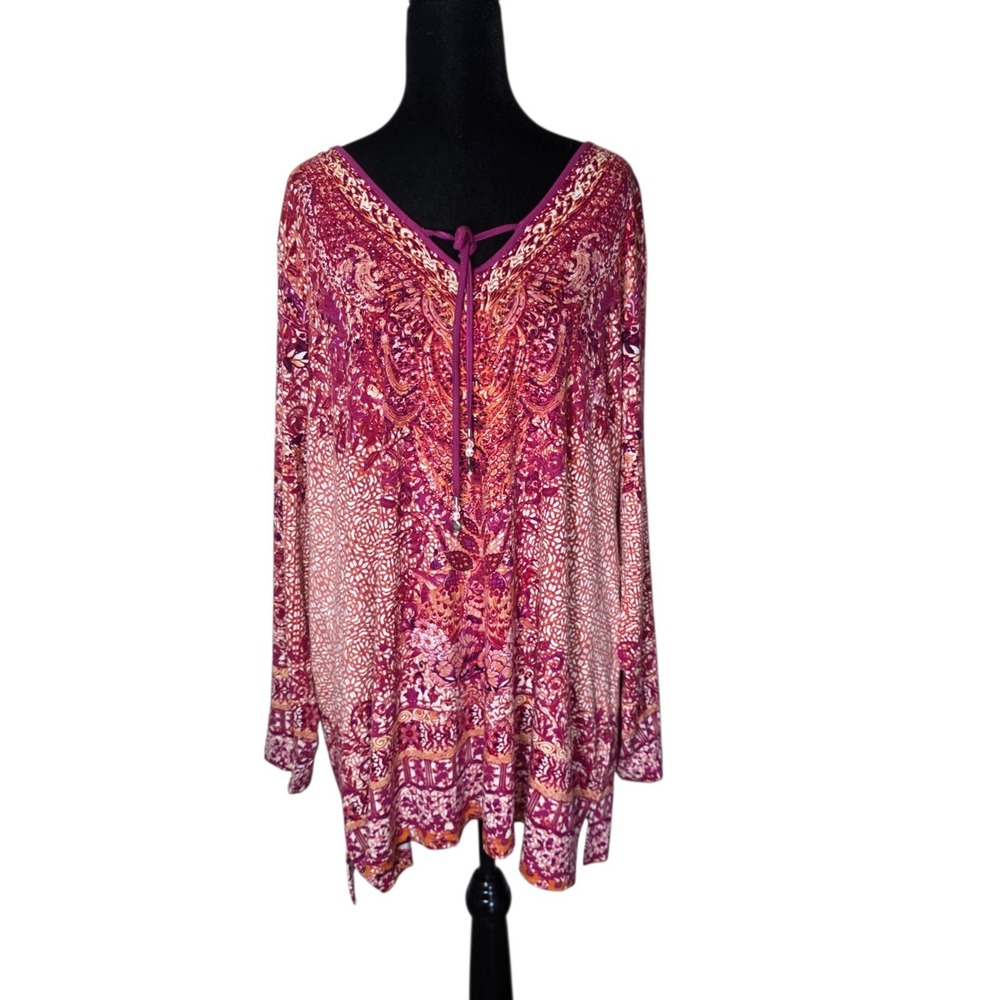 Belle by Kim Gravel XL Boho Paisley Tunic Top Rayon Stretch Long Sleeve
